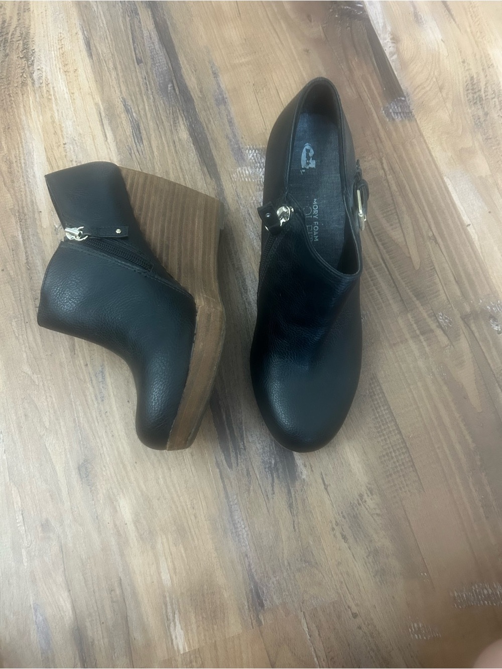 Dr. Scholl's Black Leather Platform Clogs with Wood-Look Wedge